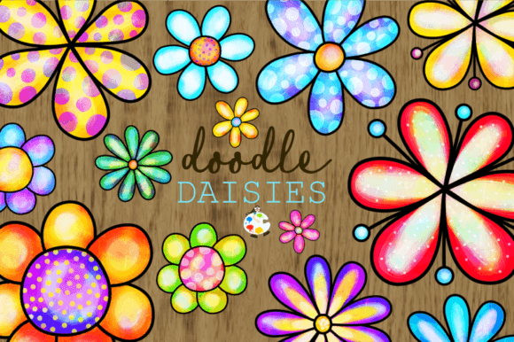Doodle Daisy Flower Watercolor Clipart: Vibrant Floral Assets